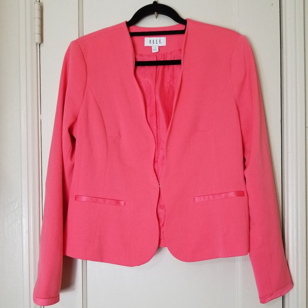 ELLE coral pink scallop trim hook closure long sleeve blazer jacket 12